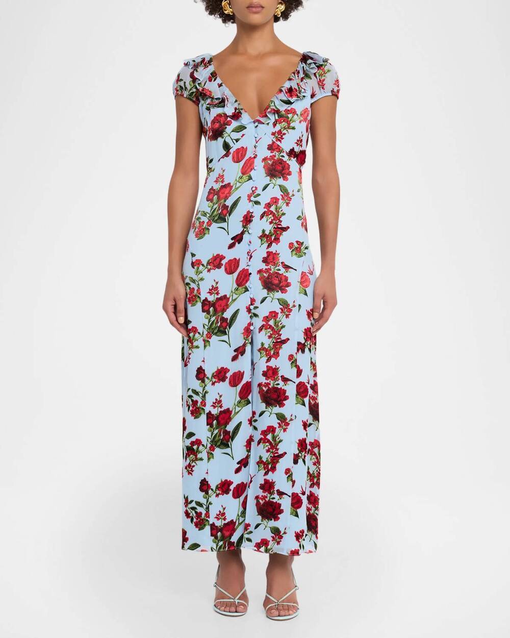 NEW ALICE + OLIVIA tara short sleeve ruffle maxi dress in blue multi